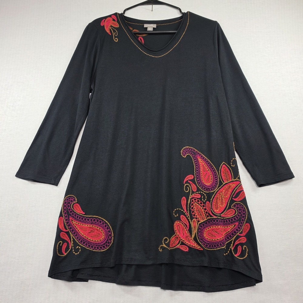 J. Jill Black Embroidered Paisley Tunic Top Dress Size M Boho Whimsigoth